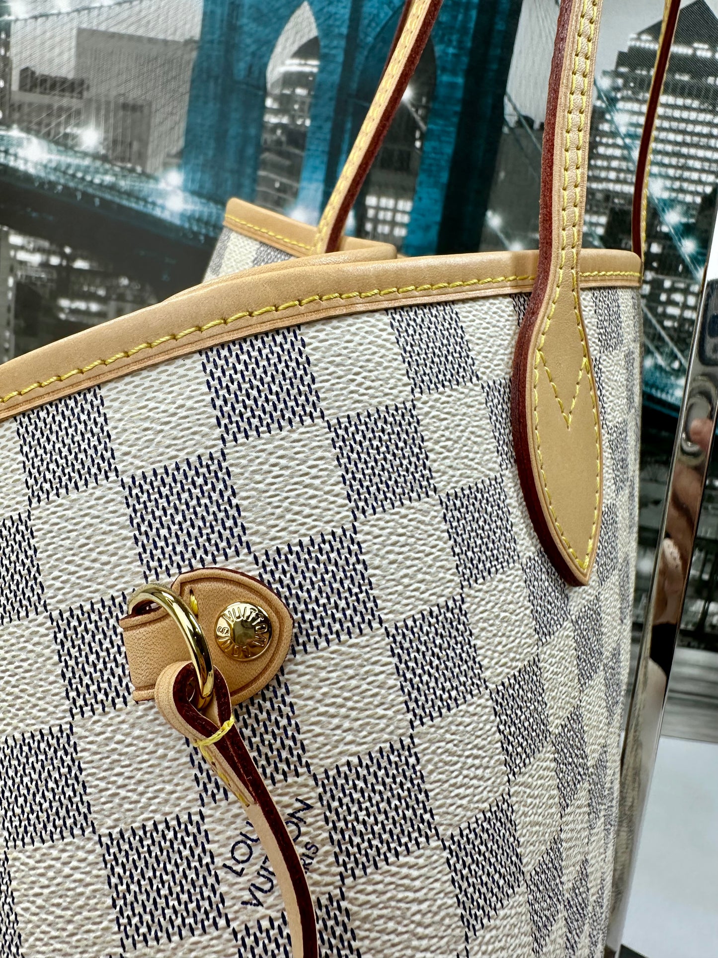 Louis Vuitton Damier Azur Neverfull MM Beige Cursive