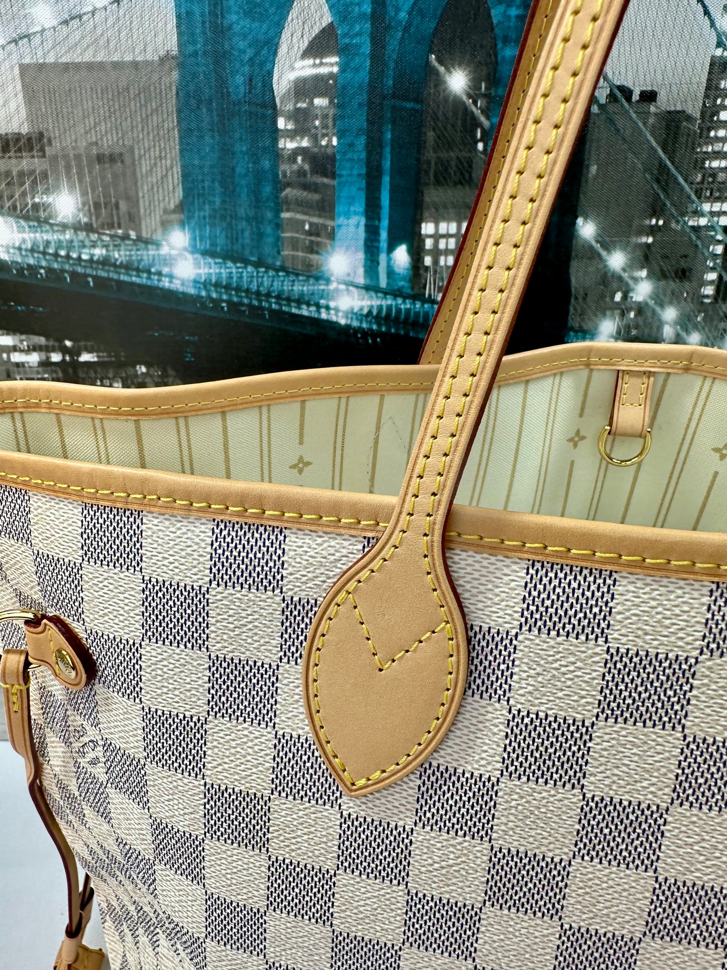 Louis Vuitton Damier Azur Neverfull MM Beige Cursive