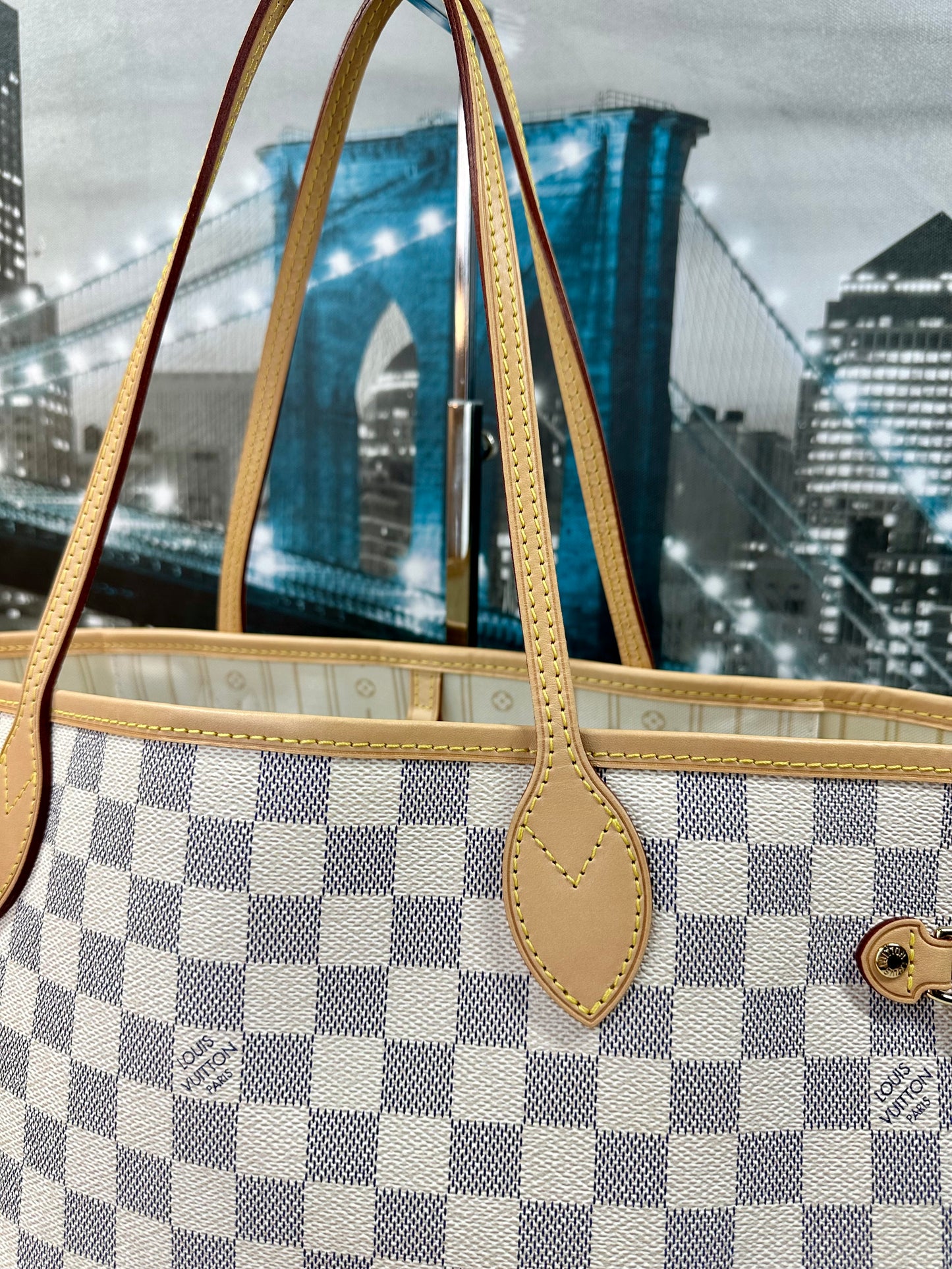 Louis Vuitton Damier Azur Neverfull MM Beige Cursive