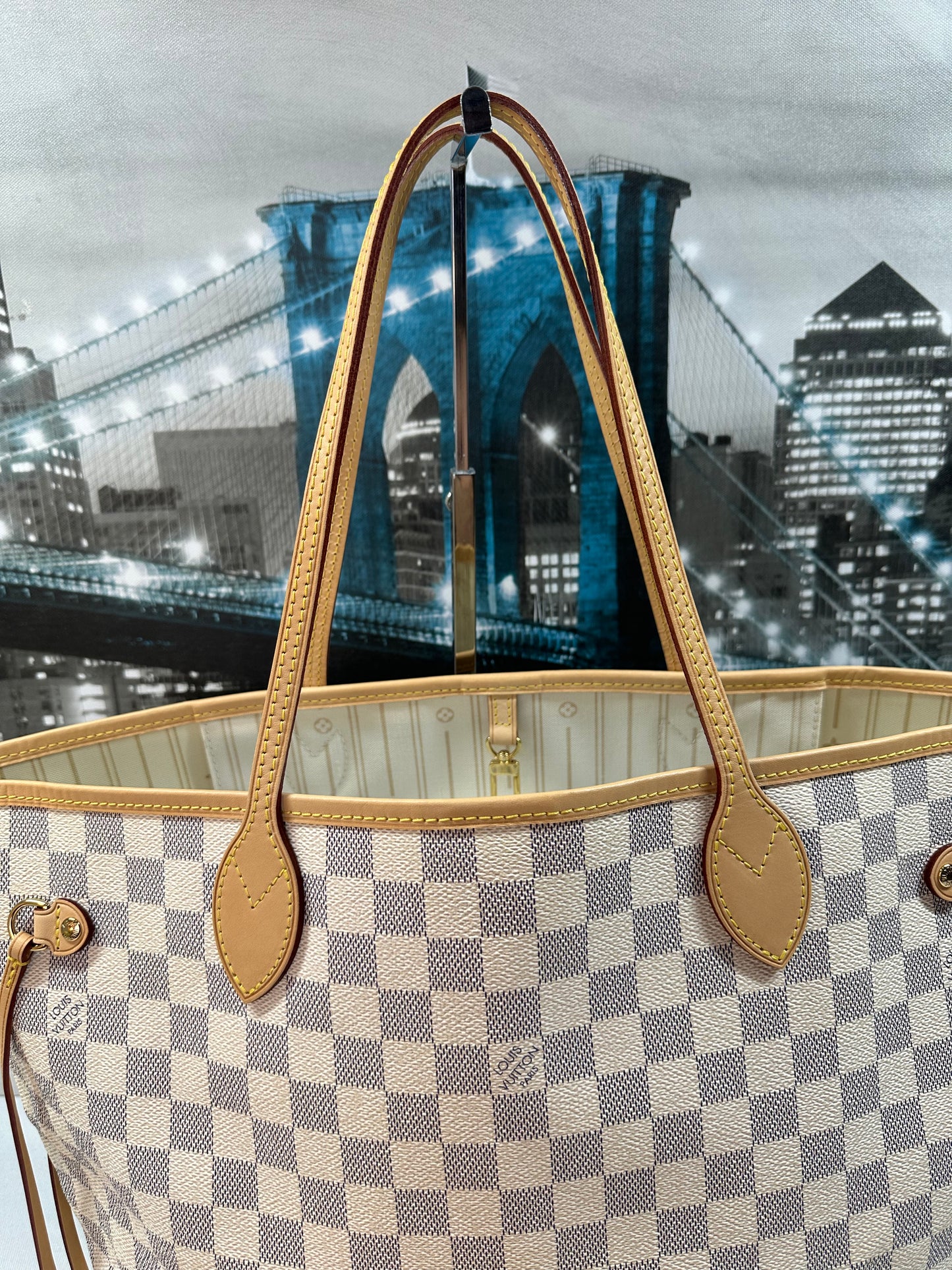 Louis Vuitton Damier Azur Neverfull MM Beige Cursive