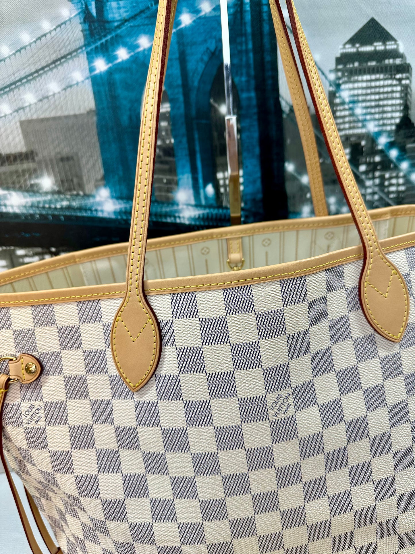 Louis Vuitton Damier Azur Neverfull MM Beige Cursive